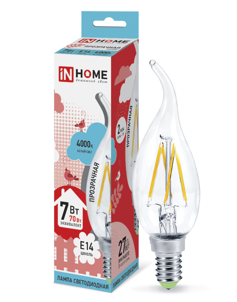 Лампа светодиодная LED-СВЕЧА НА ВЕТРУ-deco 7Вт 230В Е14 4000К 810Лм прозрачная IN HOME Лампа светодиодная LED-СВЕЧА НА ВЕТРУ-deco 7Вт 230В Е14 4000К 810Лм прозрачная IN HOME