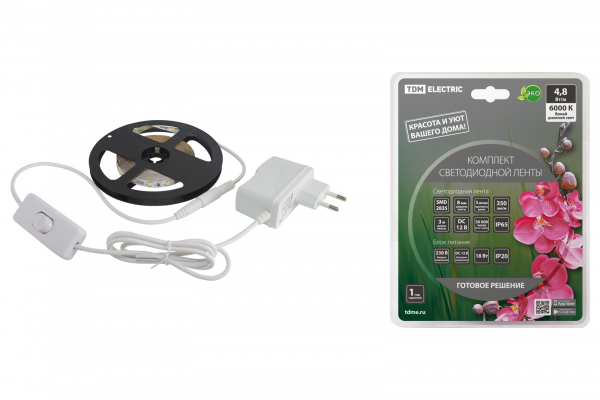 Комплект светодиодной ленты SMD2835-60 LED/м-12 В-4,8 Вт/м-IP65-6000 К (3 м), 18 Вт TDM Комплект светодиодной ленты SMD2835-60 LED/м-12 В-4,8 Вт/м-IP65-6000 К (3 м), 18 Вт TDM
