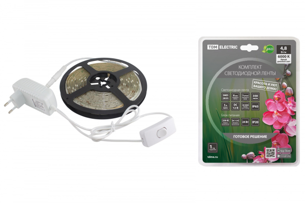 Комплект светодиодной ленты SMD2835-60 LED/м-12 В-4,8 Вт/м-IP65-6000 К (5 м), 24 Вт TDM Комплект светодиодной ленты SMD2835-60 LED/м-12 В-4,8 Вт/м-IP65-6000 К (5 м), 24 Вт TDM